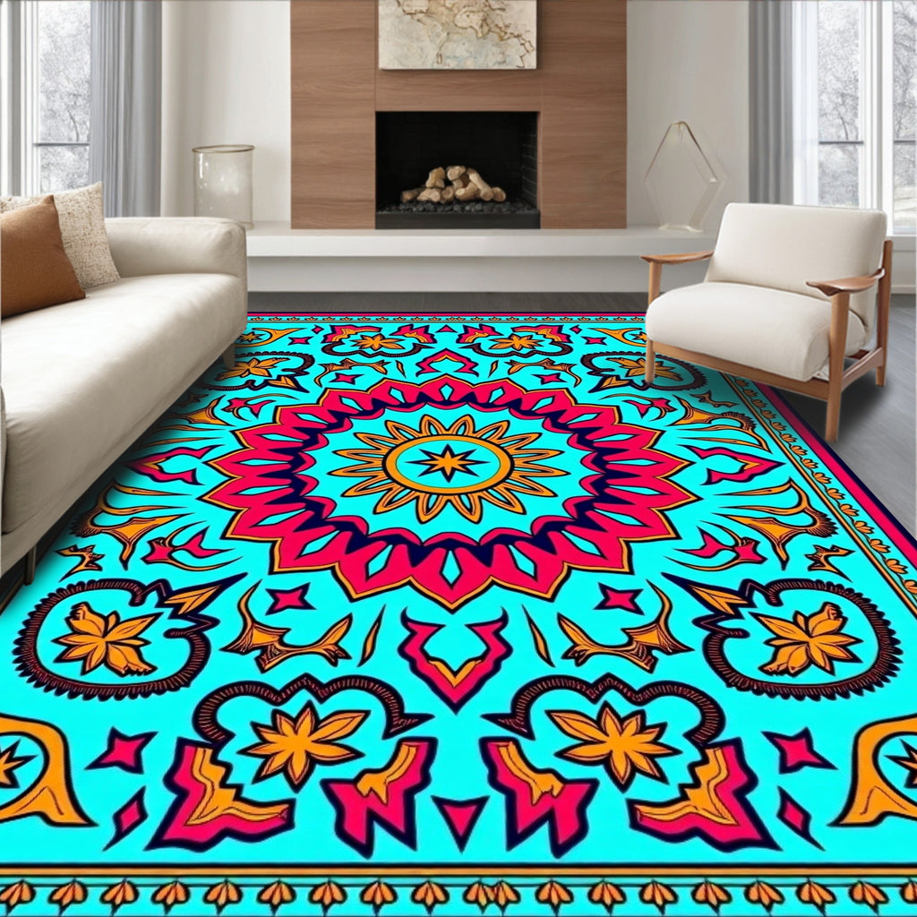 Bright Teal Pink Sunburst Medallion Rug