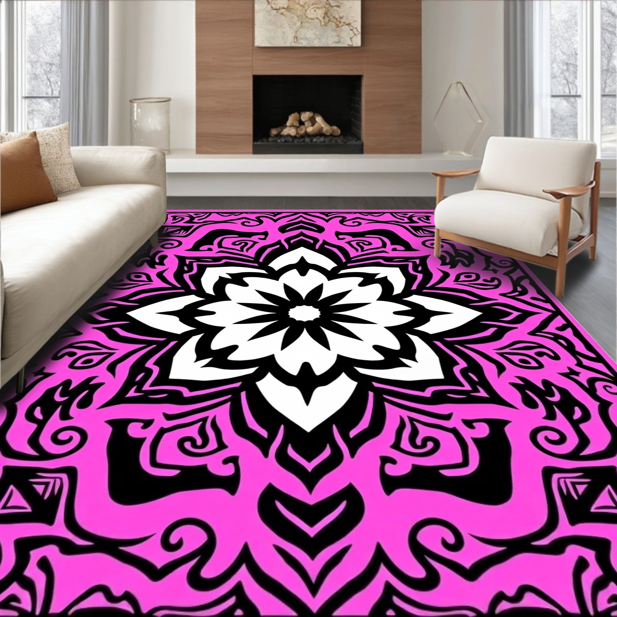 Vibrant Pink Black Mandala Ornament Rug