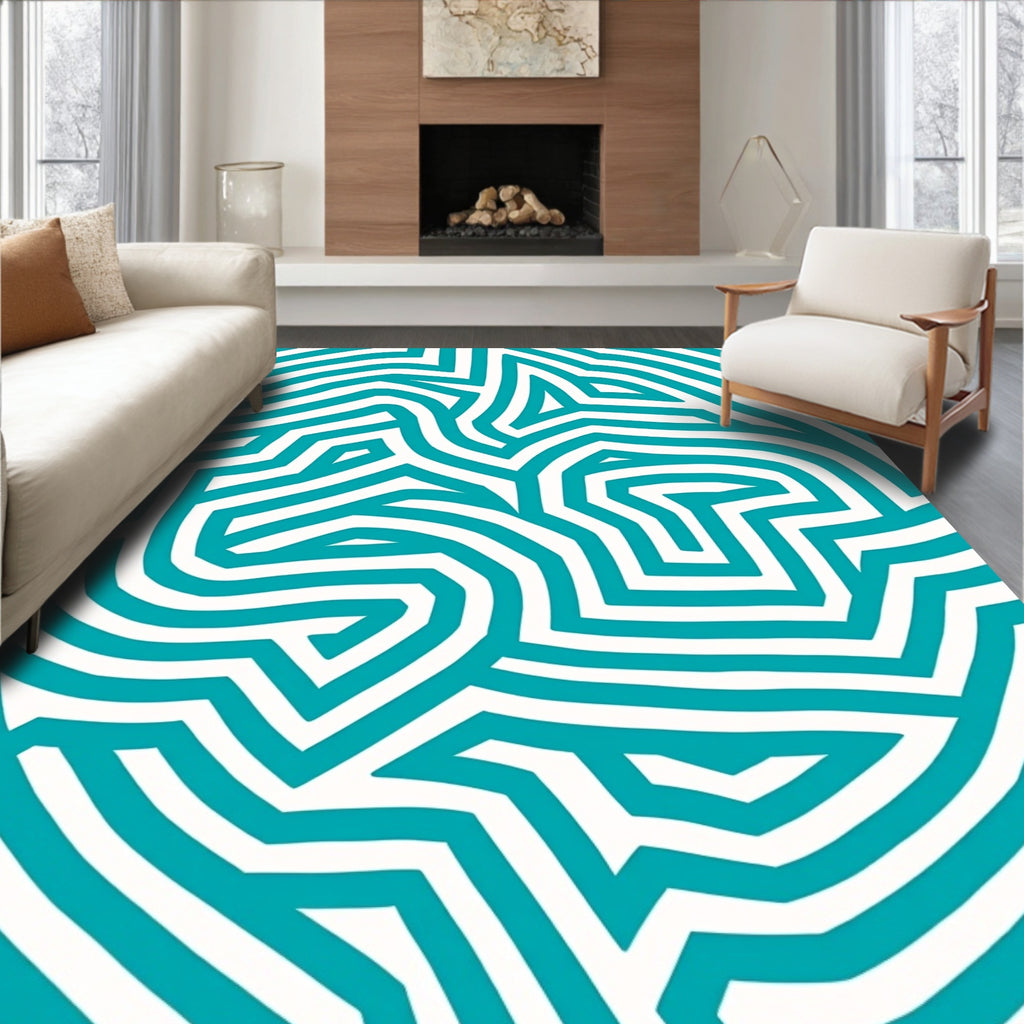 Teal White Interlocking Geometric Maze Rug