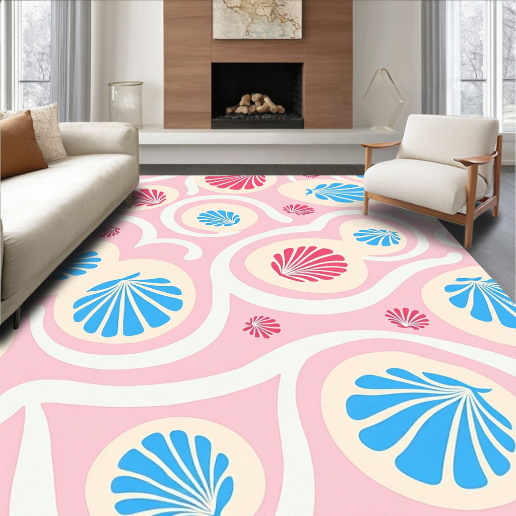 Pink Cream Blue Seashell Overlay Rug