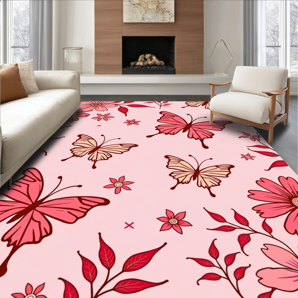Pink Butterflies and Floral Garden Rug