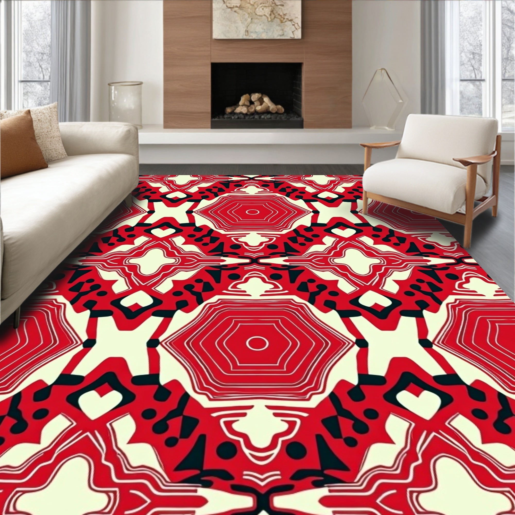Retro Red Hexagonal Abstract Collage Rug