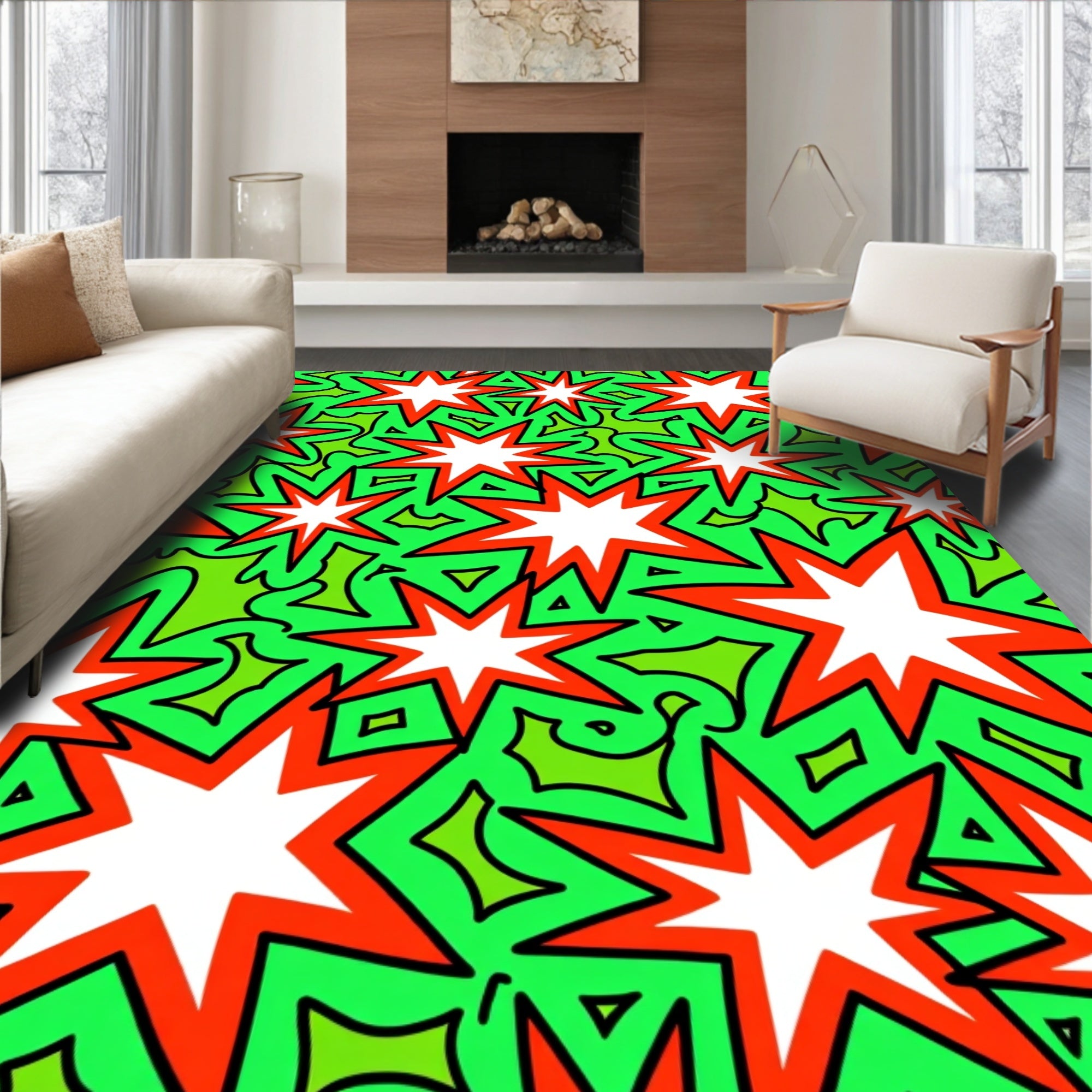 Vibrant Green Red Starburst Explosion Rug