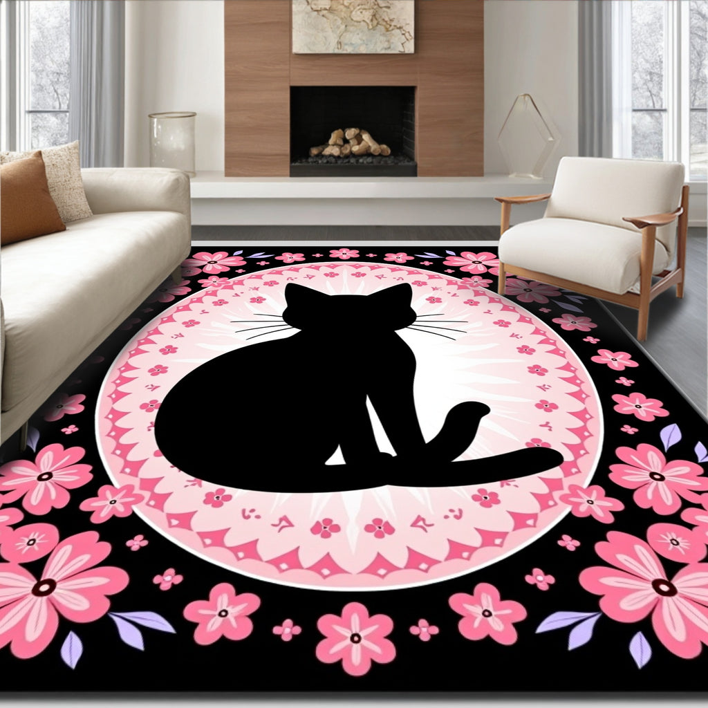 Black Cat Pink Floral Oval Rug