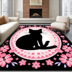 Black Cat Pink Floral Oval Rug