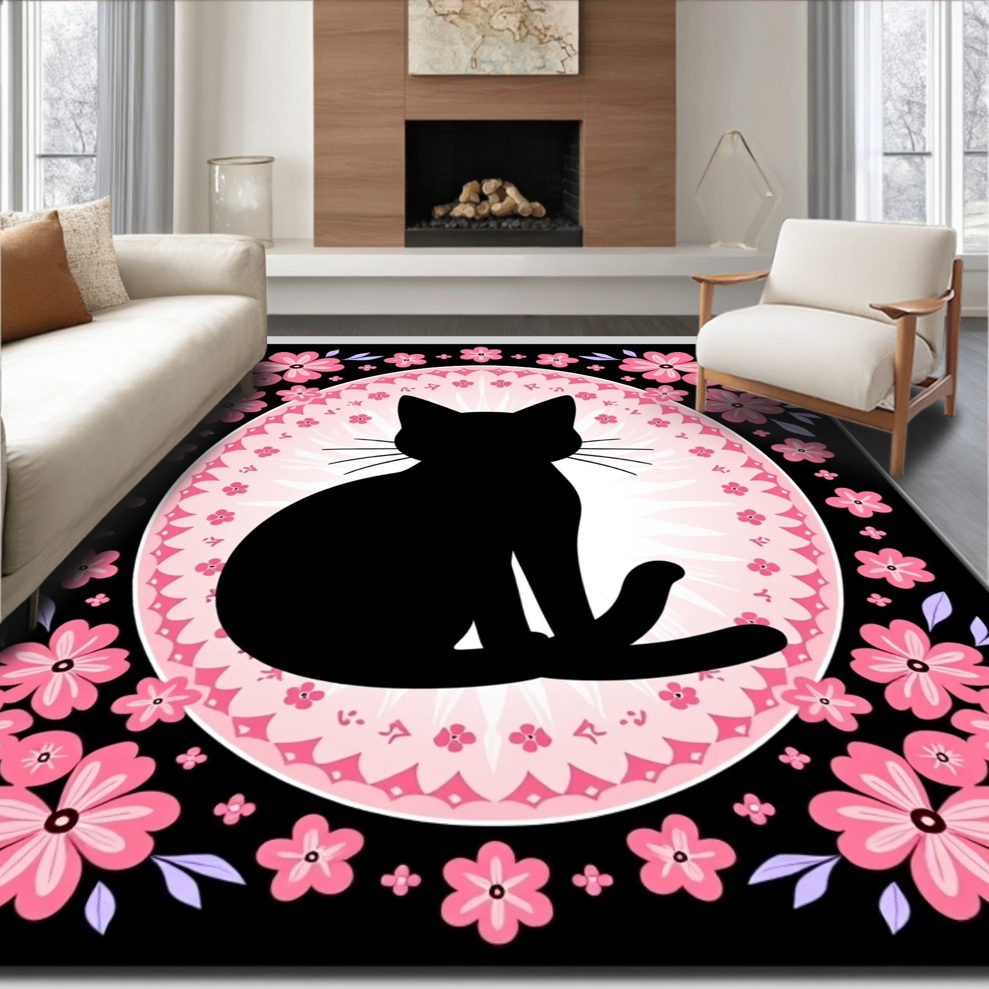 Black Cat Pink Floral Oval Rug