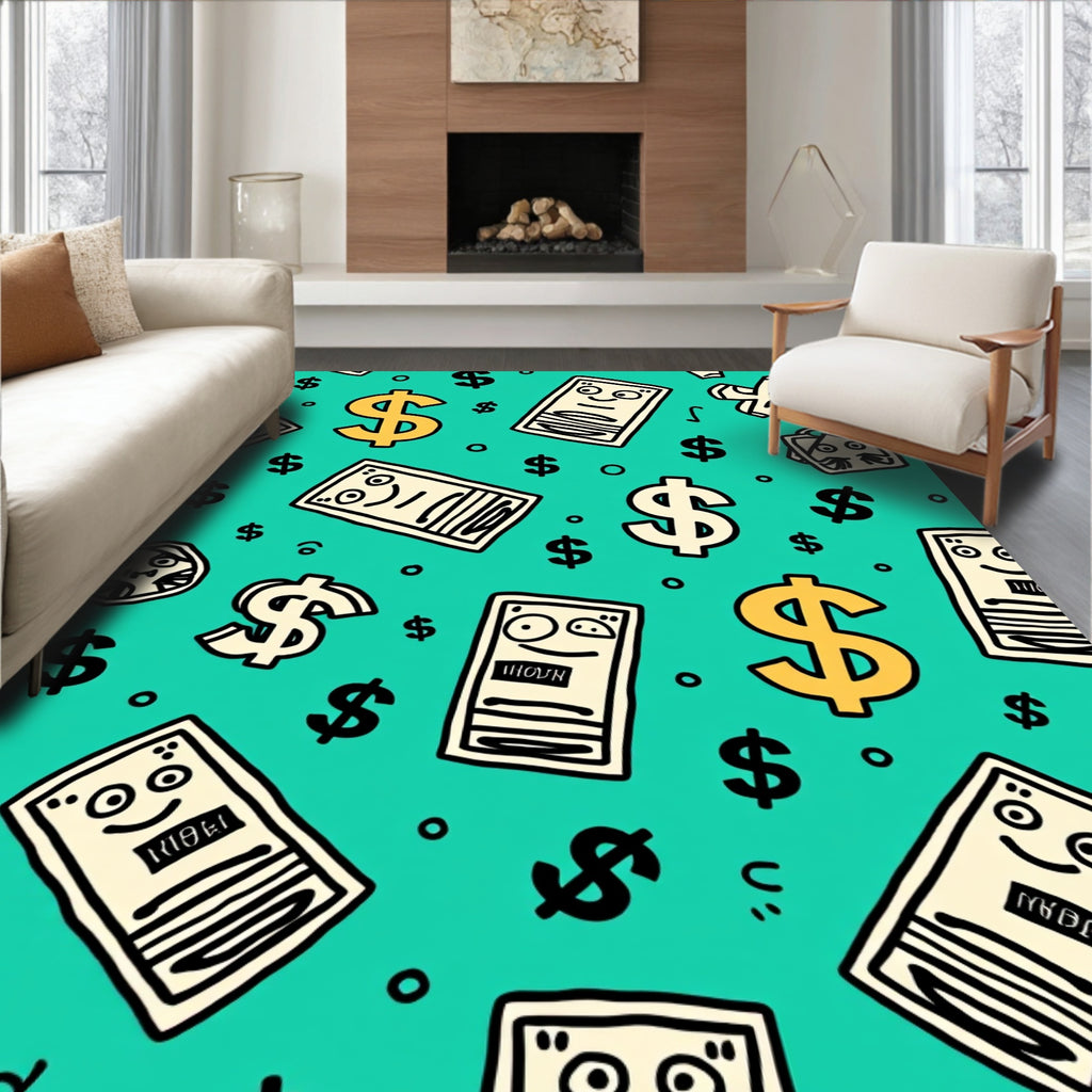Cartoon Dollar Bills Turquoise Background Rug
