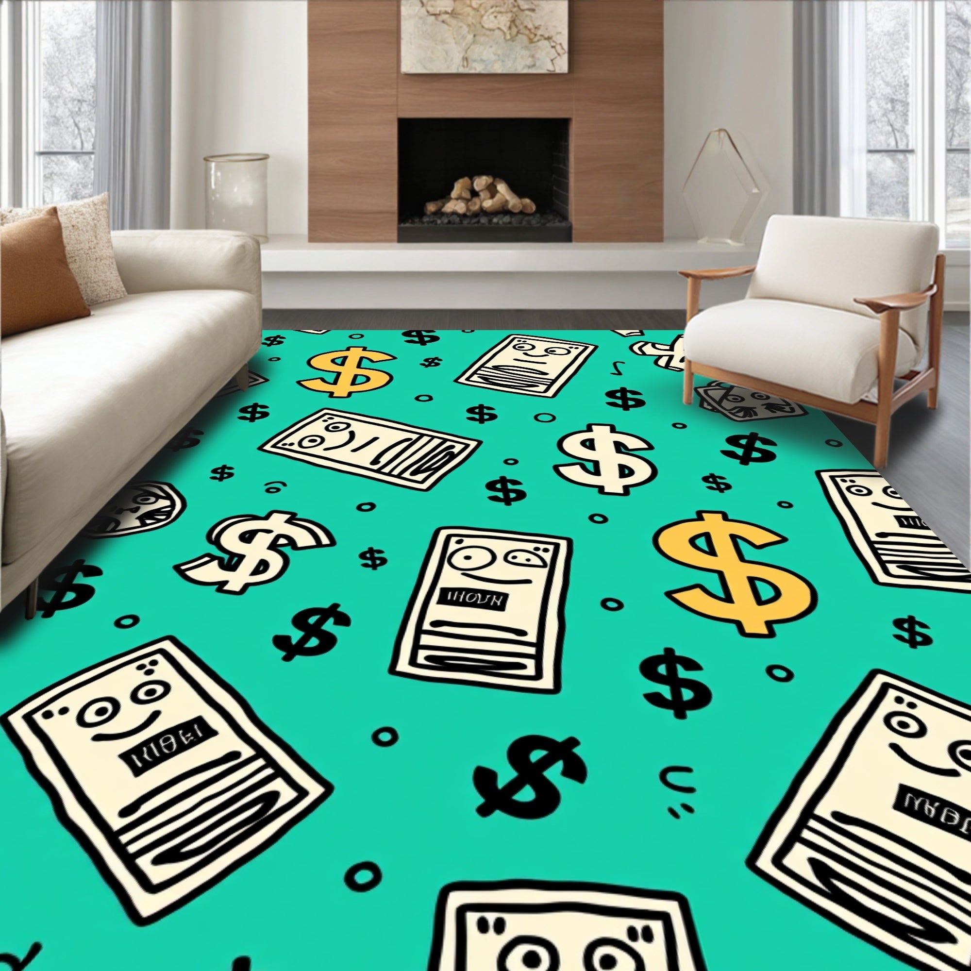 Cartoon Dollar Bills Turquoise Background Rug