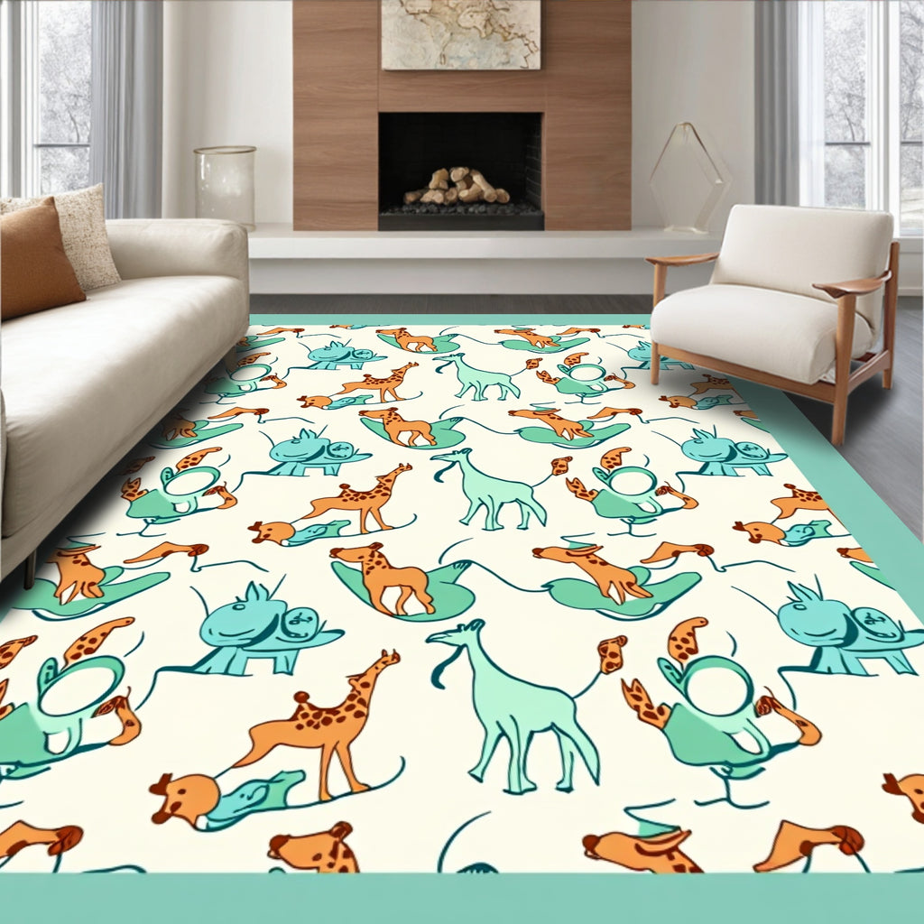 Whimsical Giraffe Rhino Playful Companions Rug
