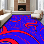 Vibrant Crimson Swirls on Blue Rug