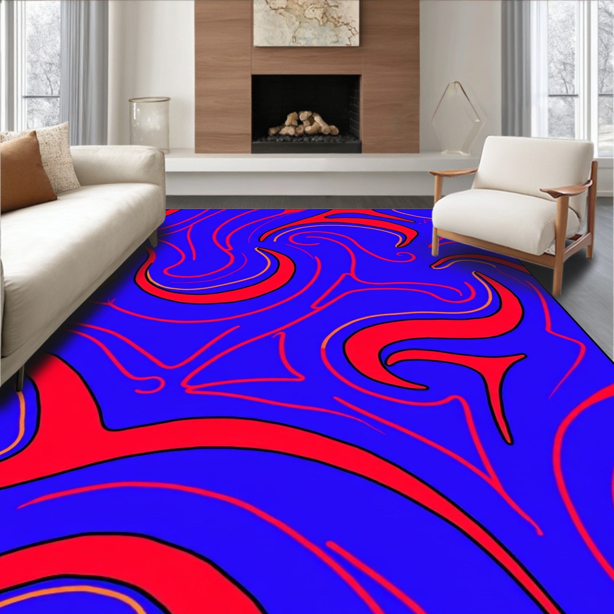 Vibrant Crimson Swirls on Blue Rug
