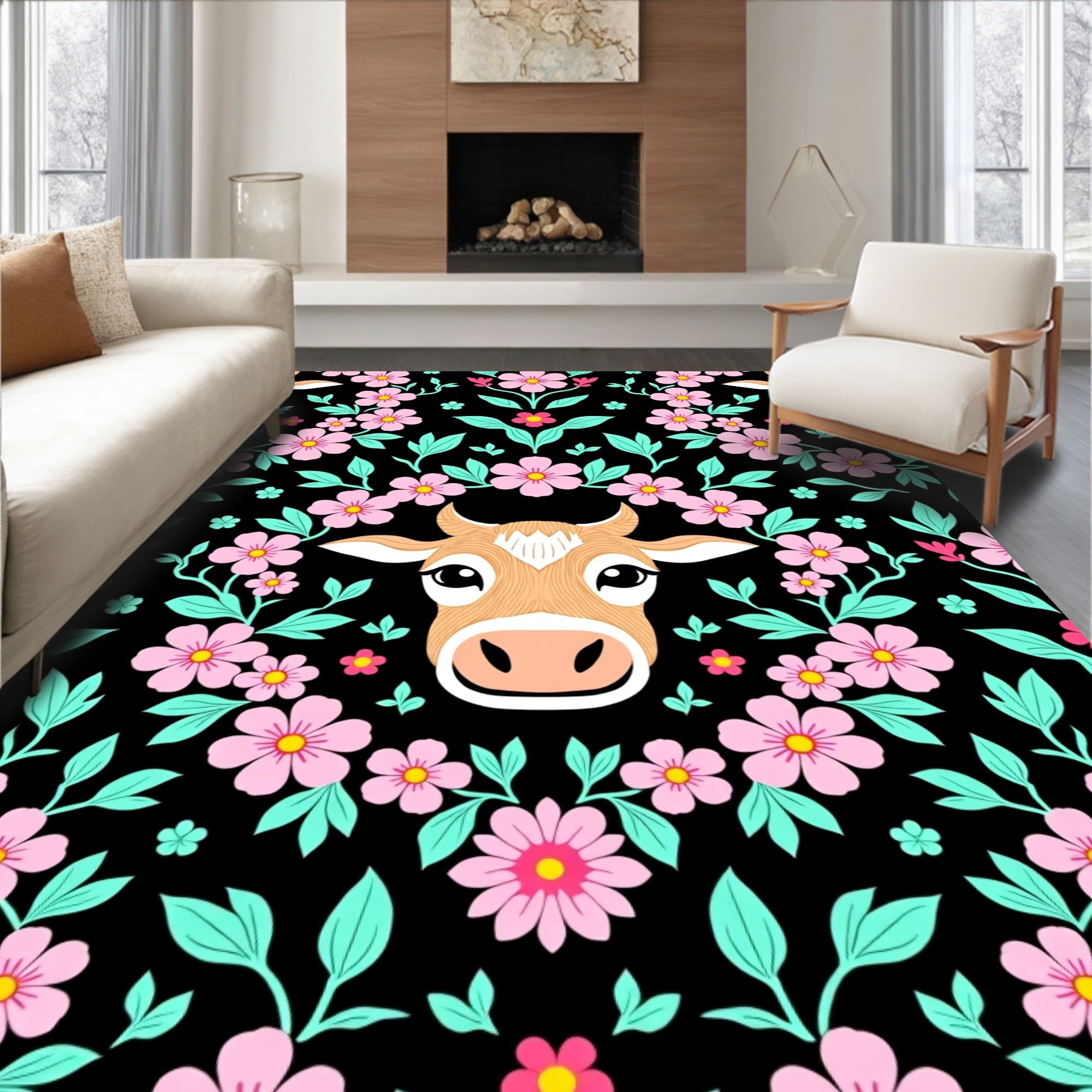 Whimsical Pink Floral Cow Meadow Rug