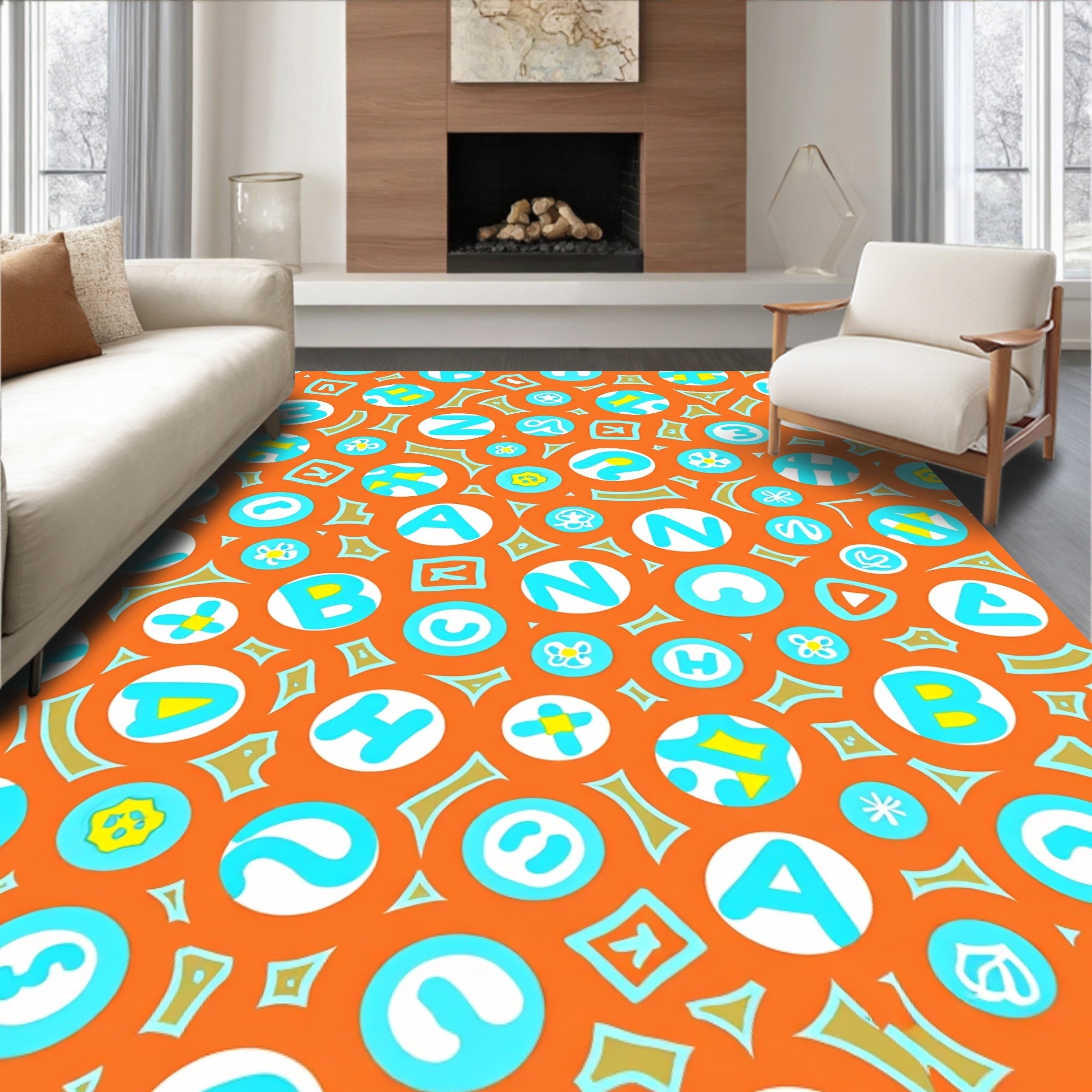 Alphabet Orange And Aqua Circles Rug