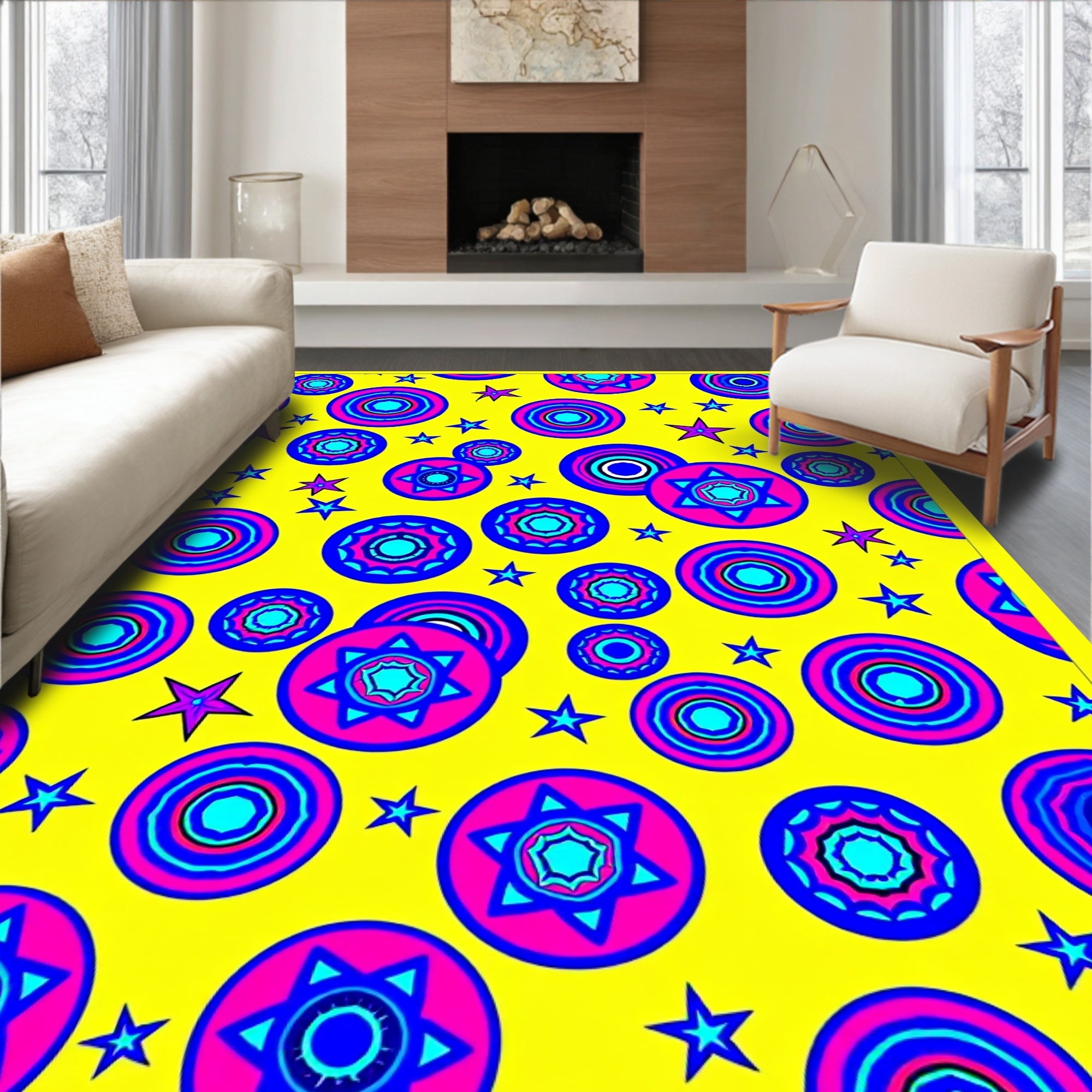 Vibrant Yellow Starburst Circle Medallion Rug