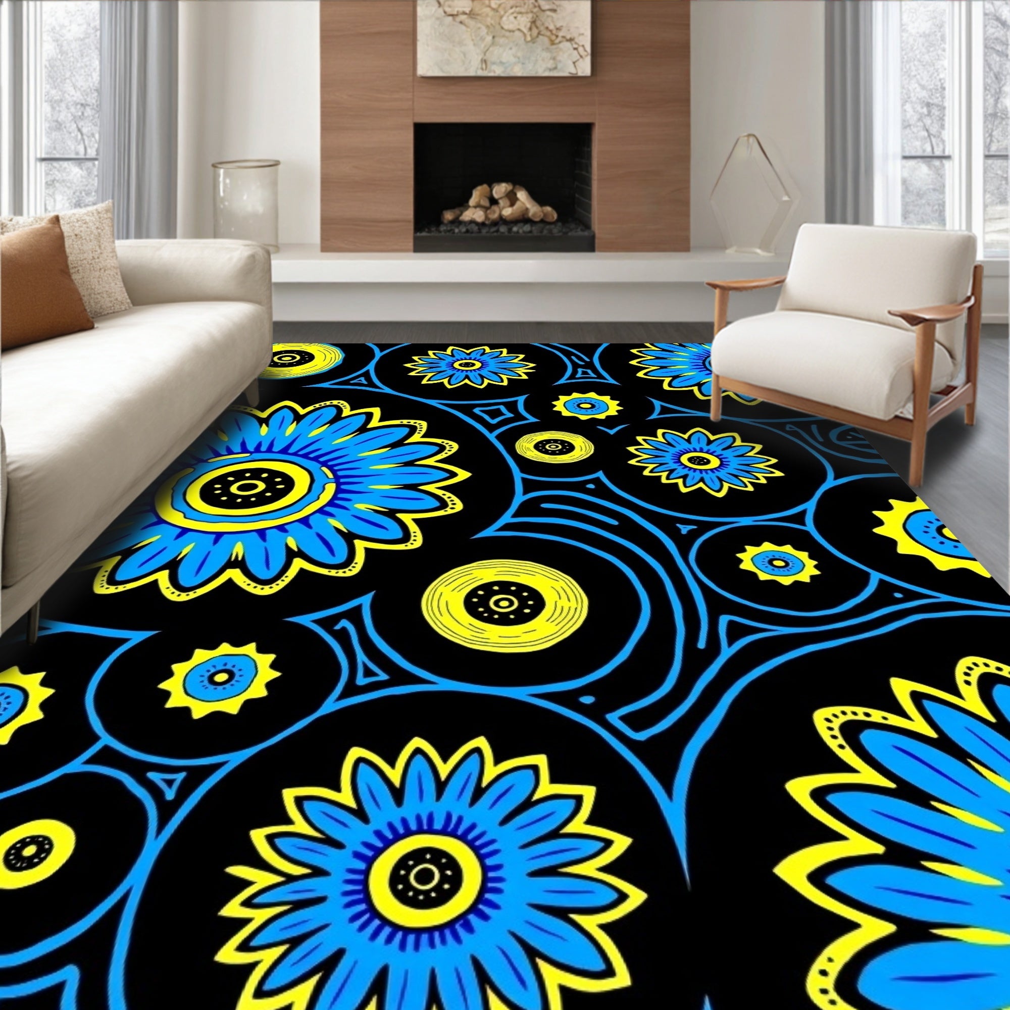 Bold Blue Yellow Floral Burst Rug