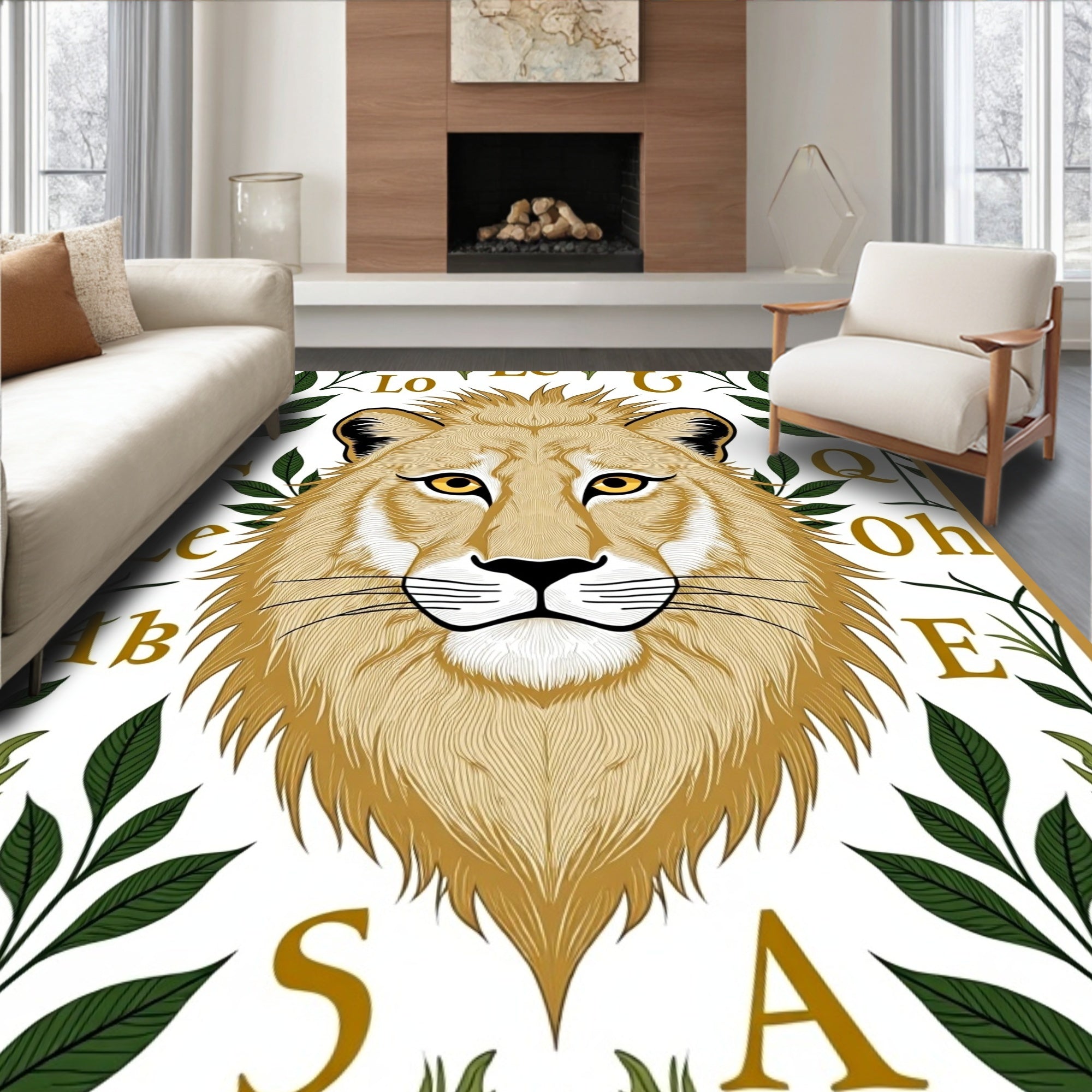 Golden Lion Head With Green Foliage Rug
