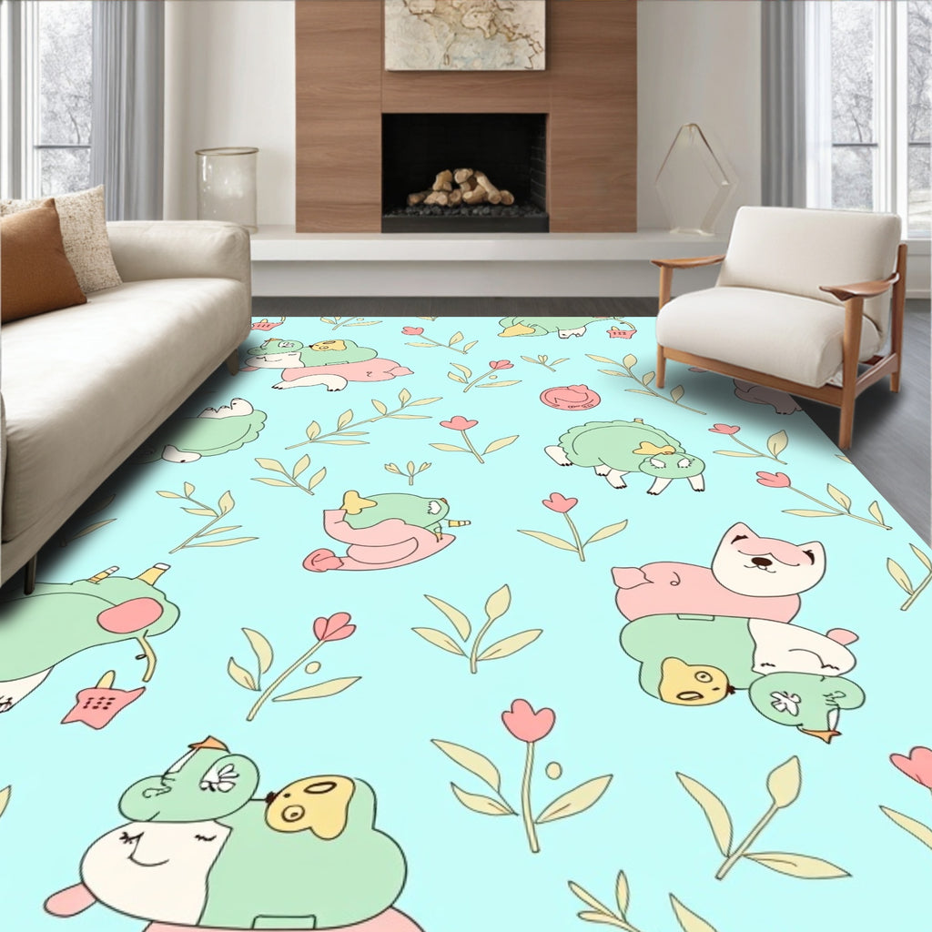 Cute Cartoon Animal Floral Meadow Rug