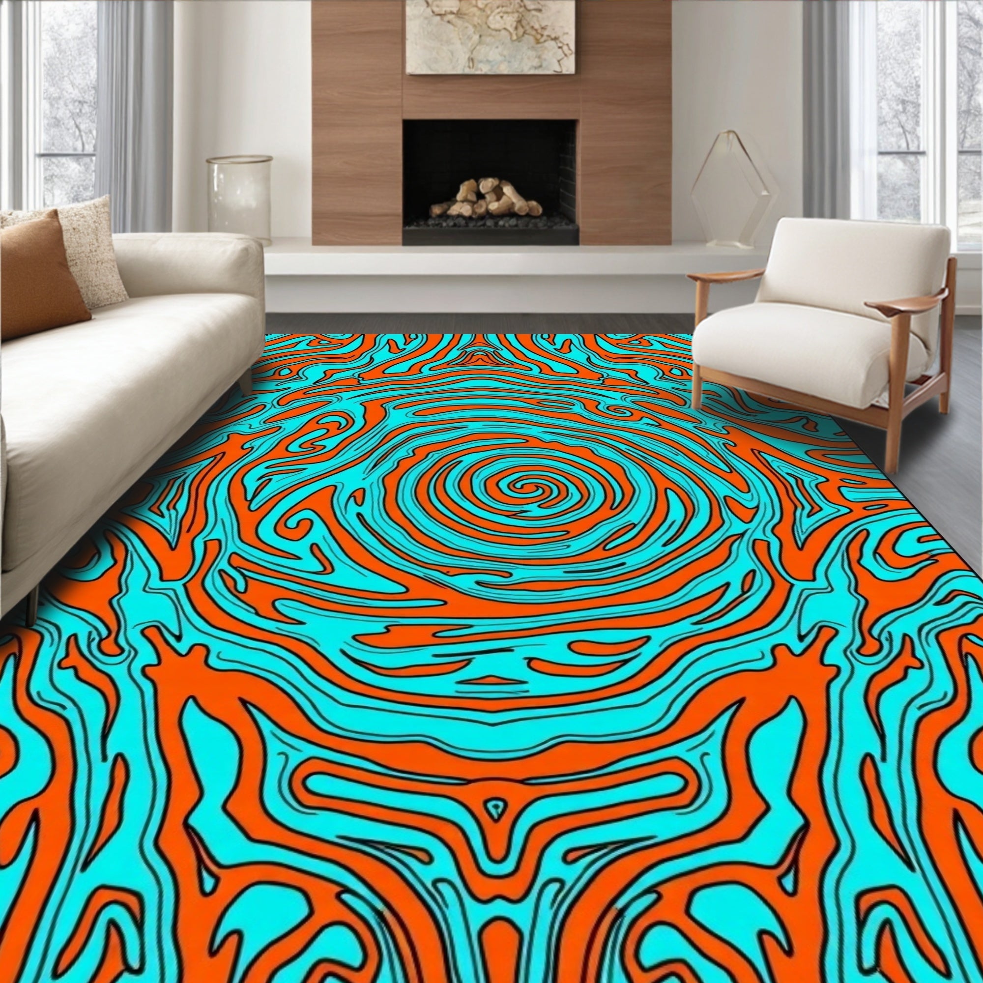Vibrant Orange Turquoise Swirl Abstraction Rug