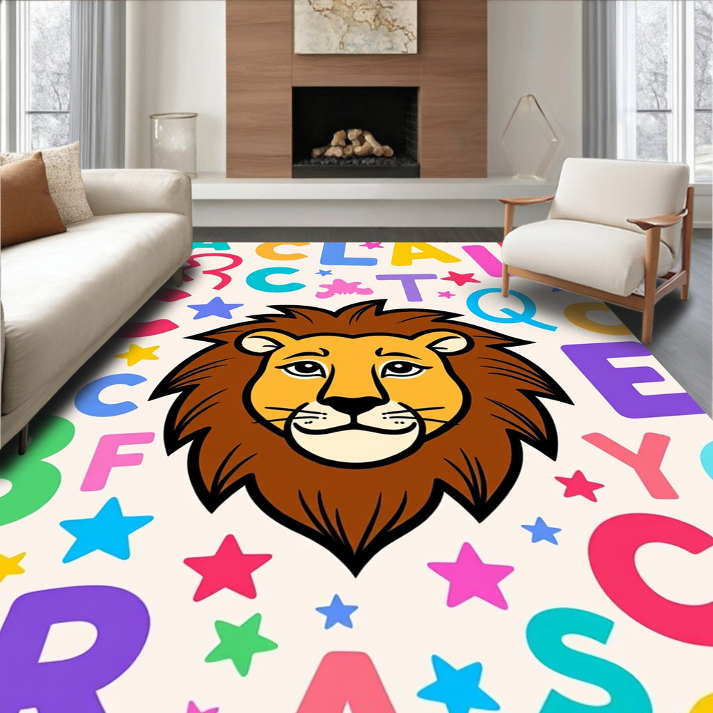 Cute Lion Alphabet Whimsical Stars Rug