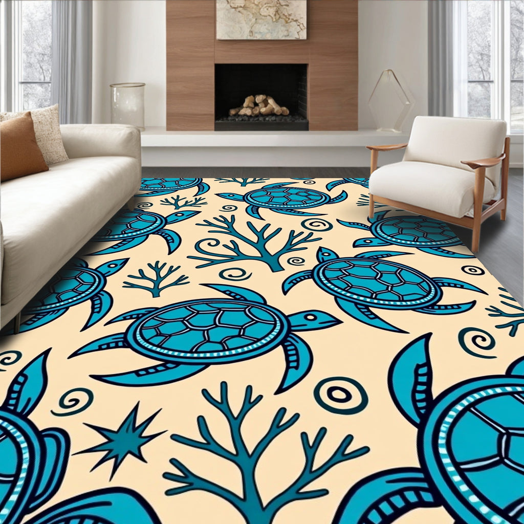 Oceanic Blue Turtle Coral Swirl Rug