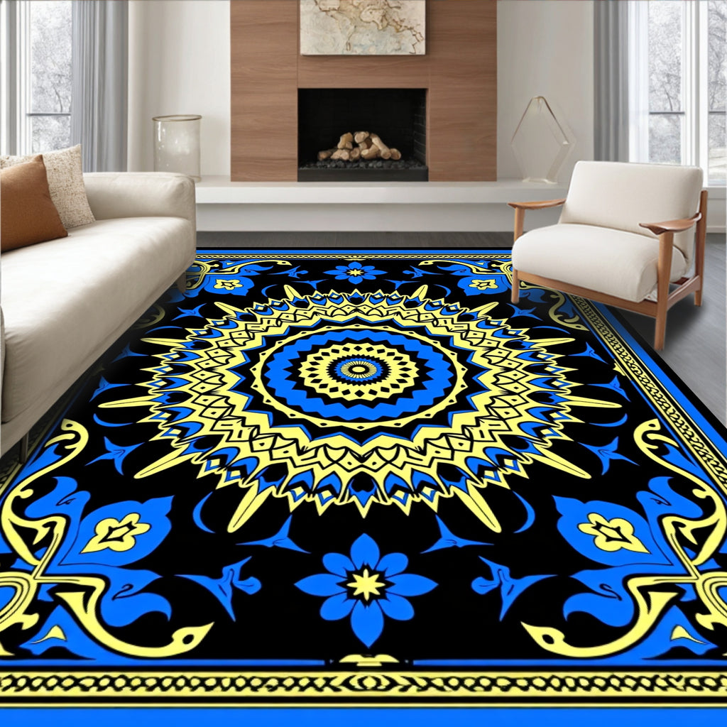 Bold Blue Yellow Sunburst Mandala Rug