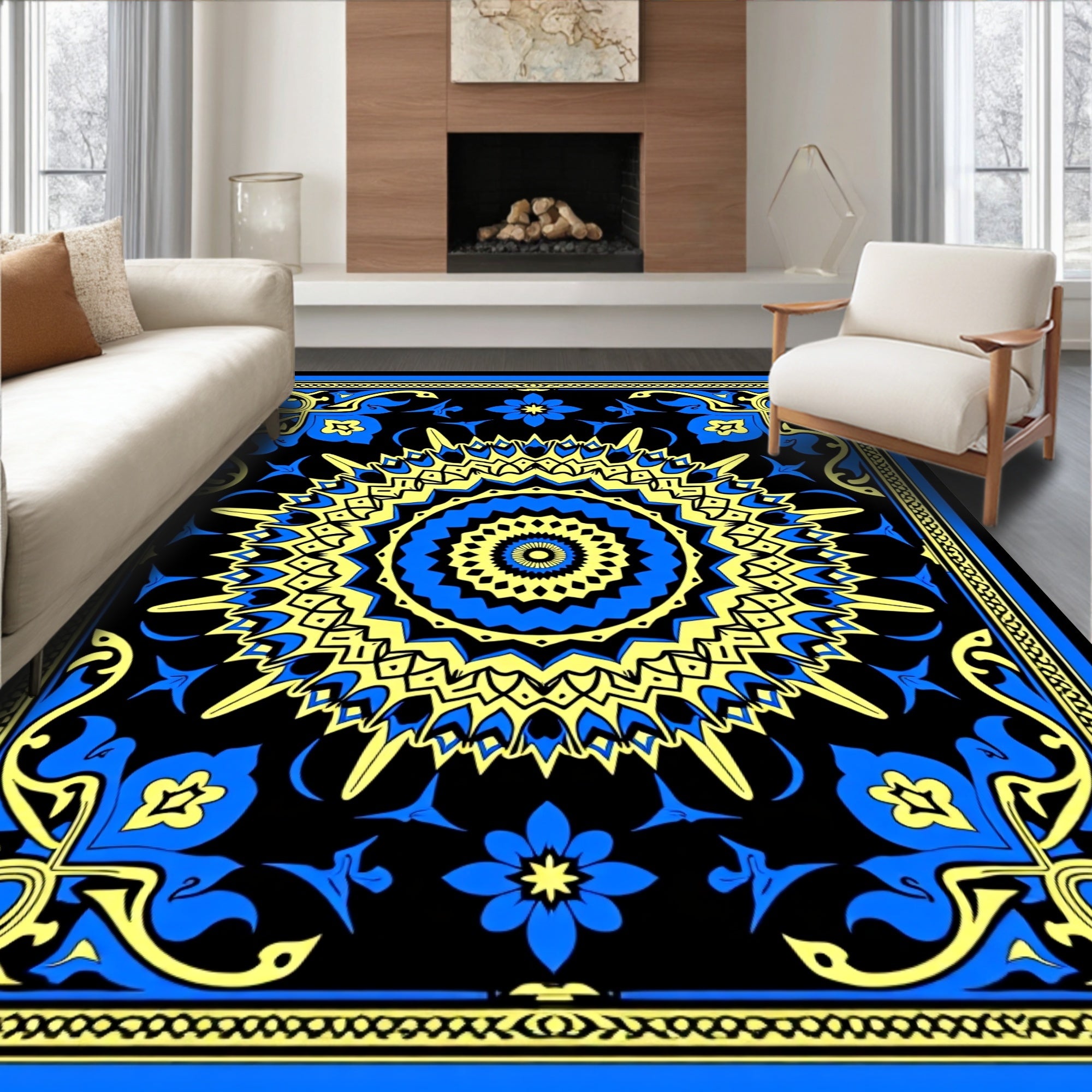 Bold Blue Yellow Sunburst Mandala Rug