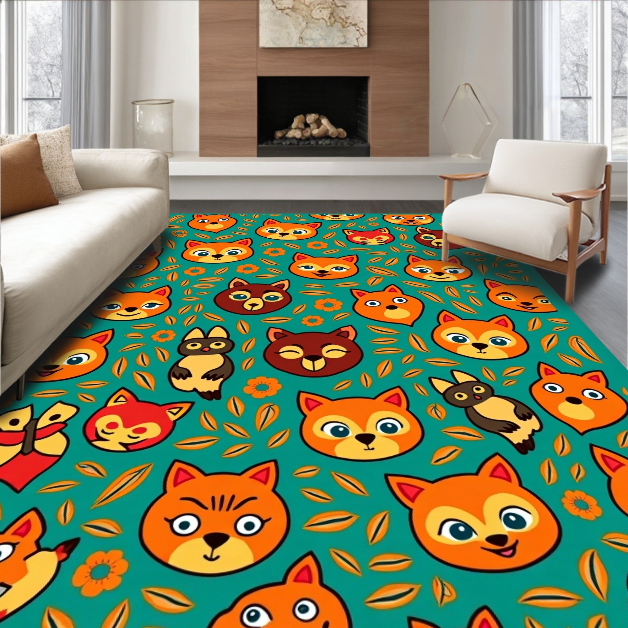 Whimsical Forest Animals Floral Background Rug