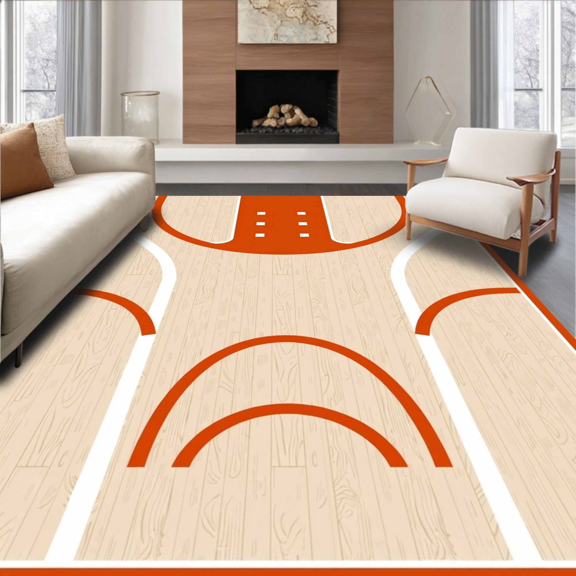 Orange Basketball Court Wood Grain Rug