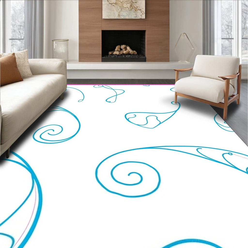 Cerulean Swirls on White Canvas Rug