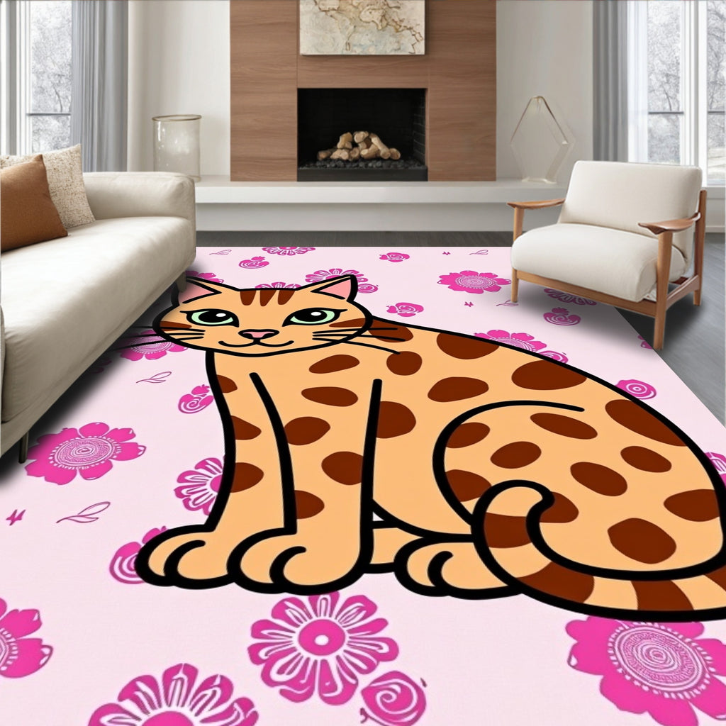Cute Orange Spotted Cat Pink Floral Rug