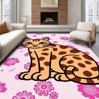 Cute Orange Spotted Cat Pink Floral Rug