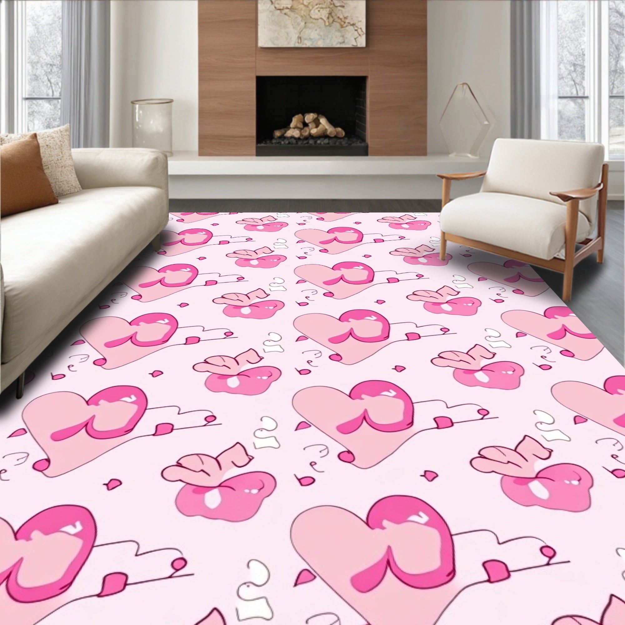 Charming Pink Hearts With Clouds Rug