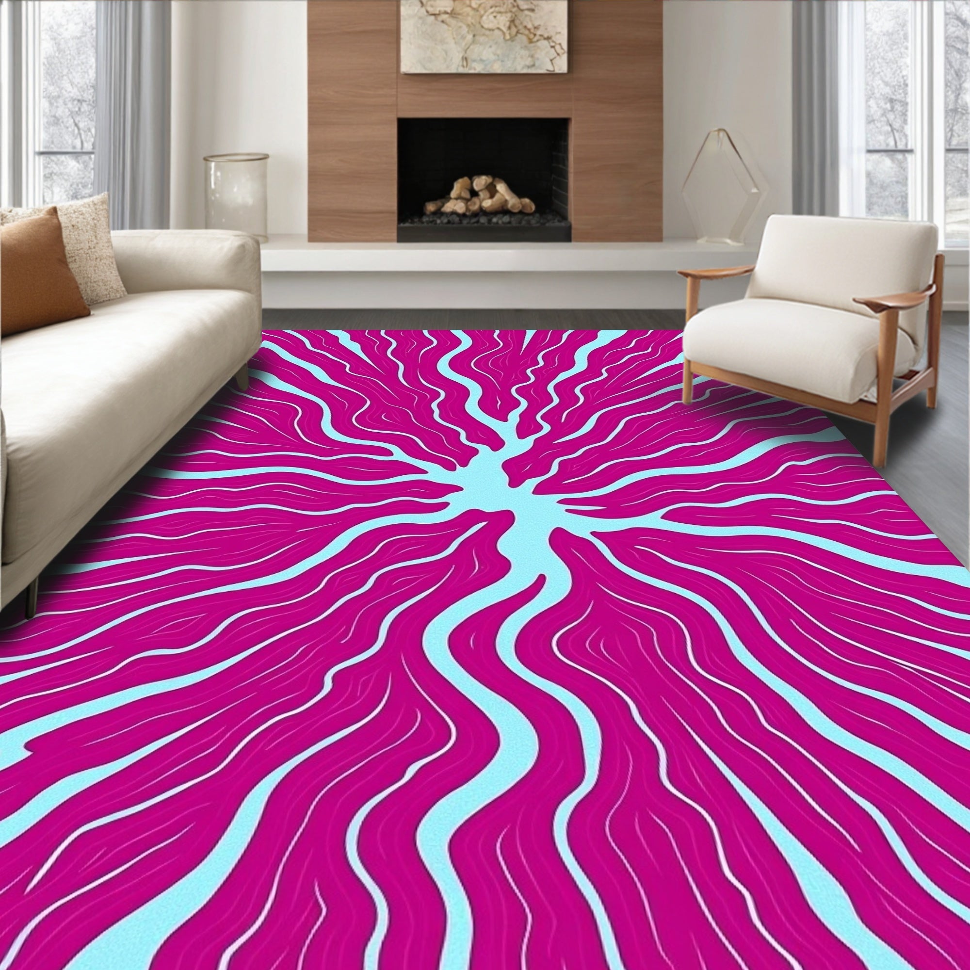 Vibrant Pink Wavy Tendril Burst Rug