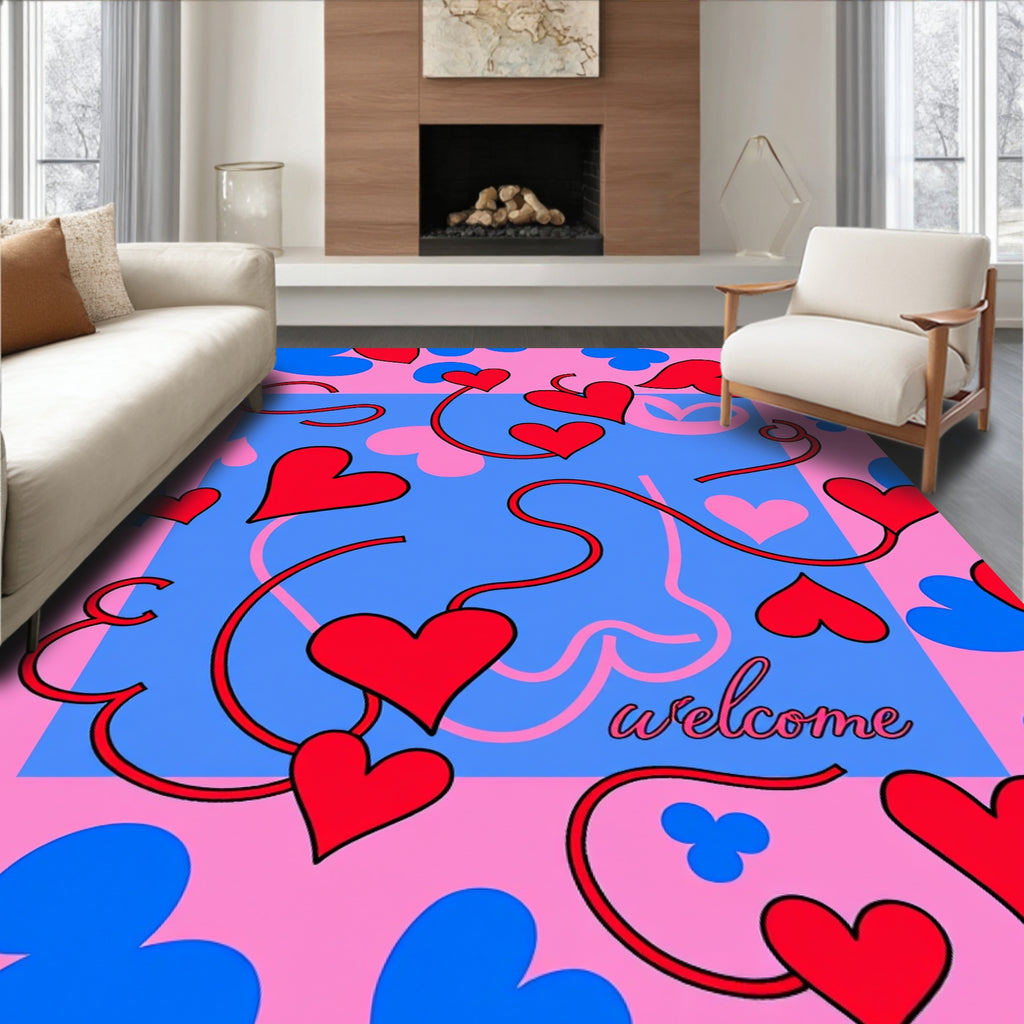 Playful Pink Blue Red Heart Swirls Rug