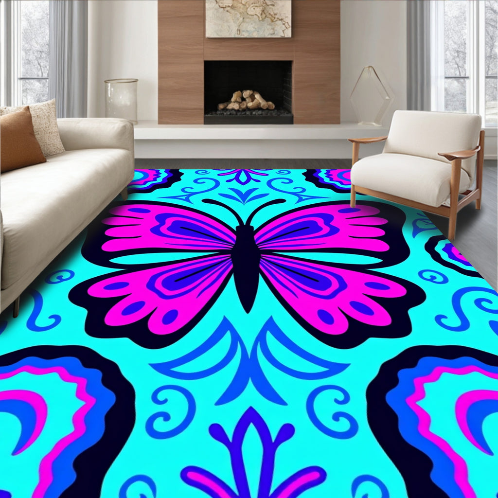 Vibrant Pink Blue Butterfly Swirl Rug