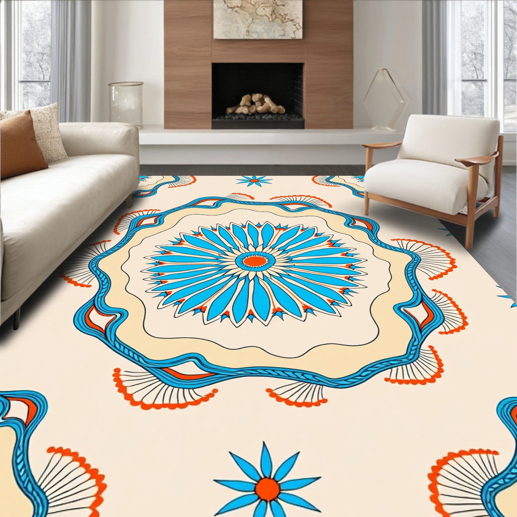 Vibrant Teal Orange Medallion Motif Rug
