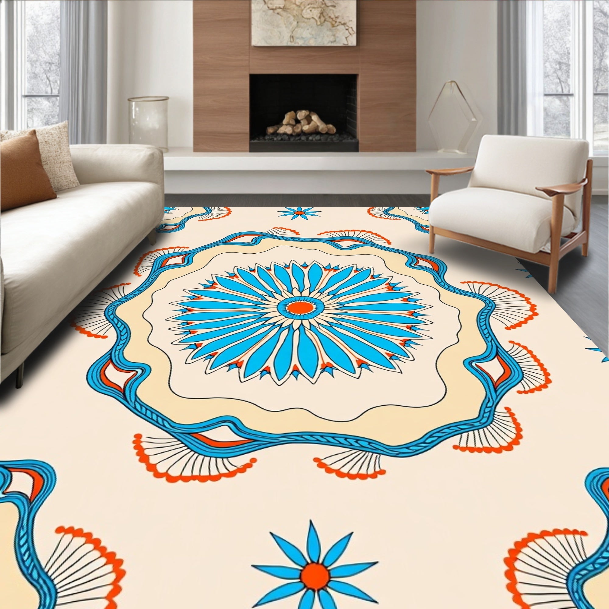 Vibrant Teal Orange Medallion Motif Rug