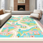 Whimsical Pastel Village Landscape Rug