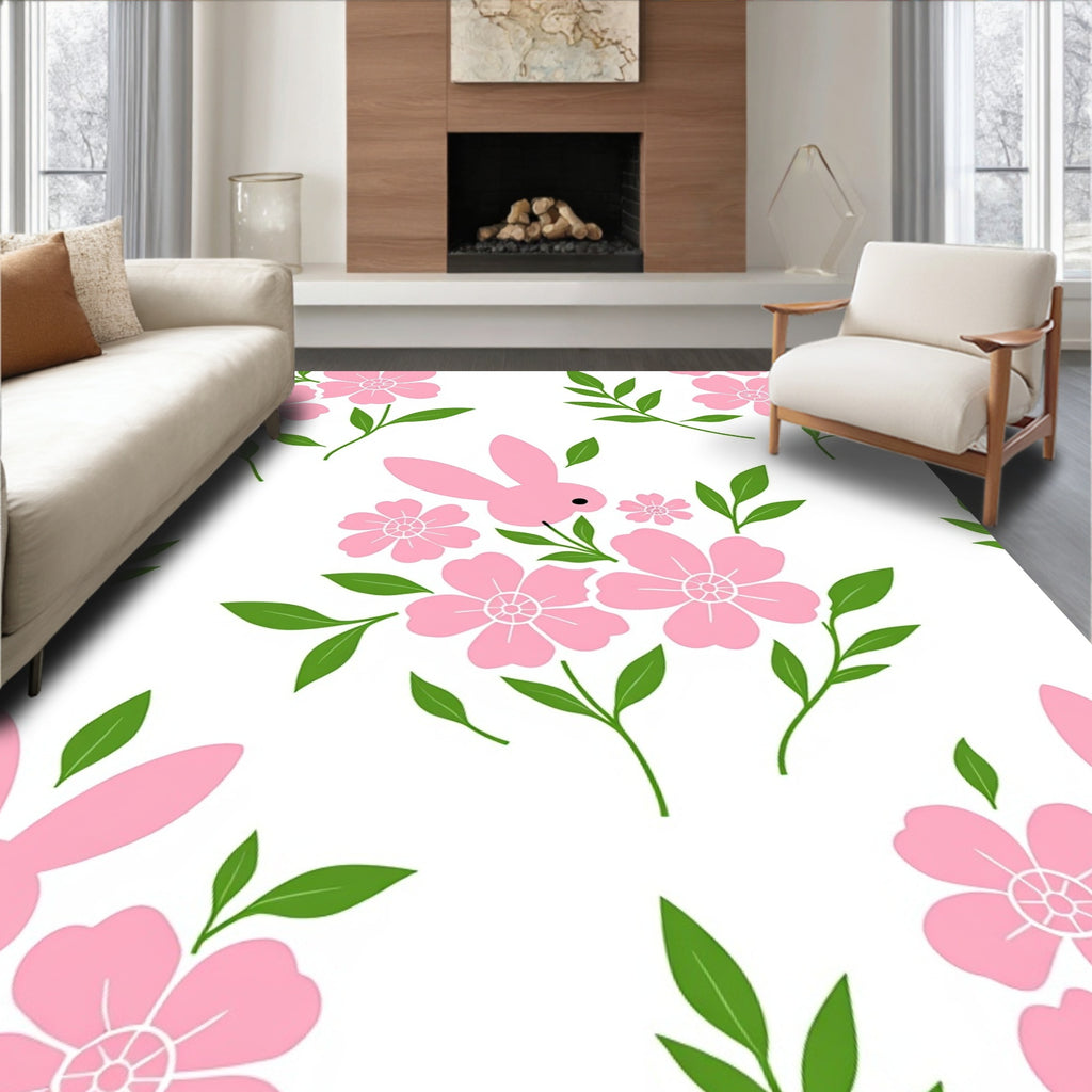Sweet Pink Bunny Floral Arrangement Rug