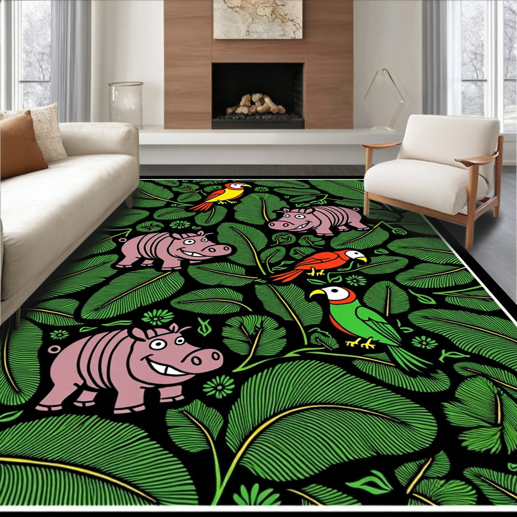 Whimsical Pink Hippos Green Jungle Birds Rug