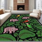 Whimsical Pink Hippos Green Jungle Birds Rug