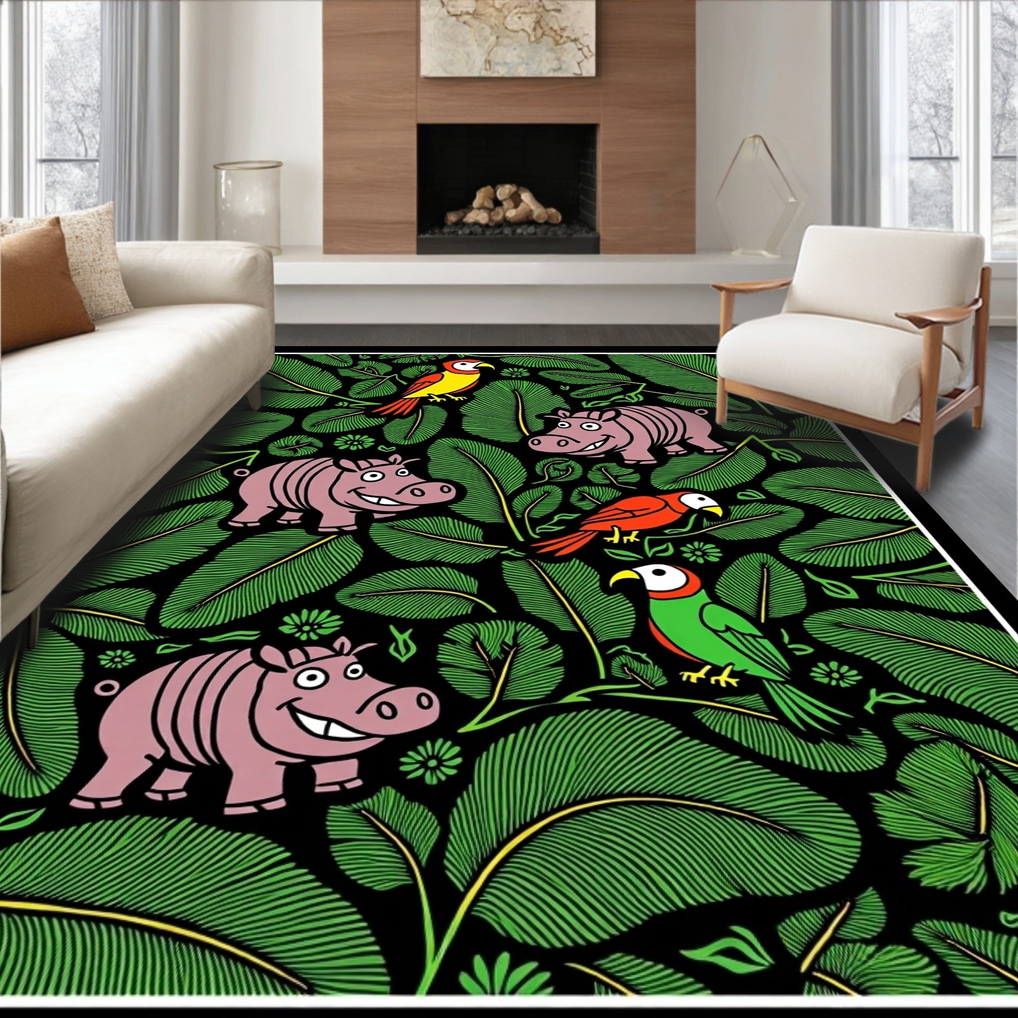 Whimsical Pink Hippos Green Jungle Birds Rug