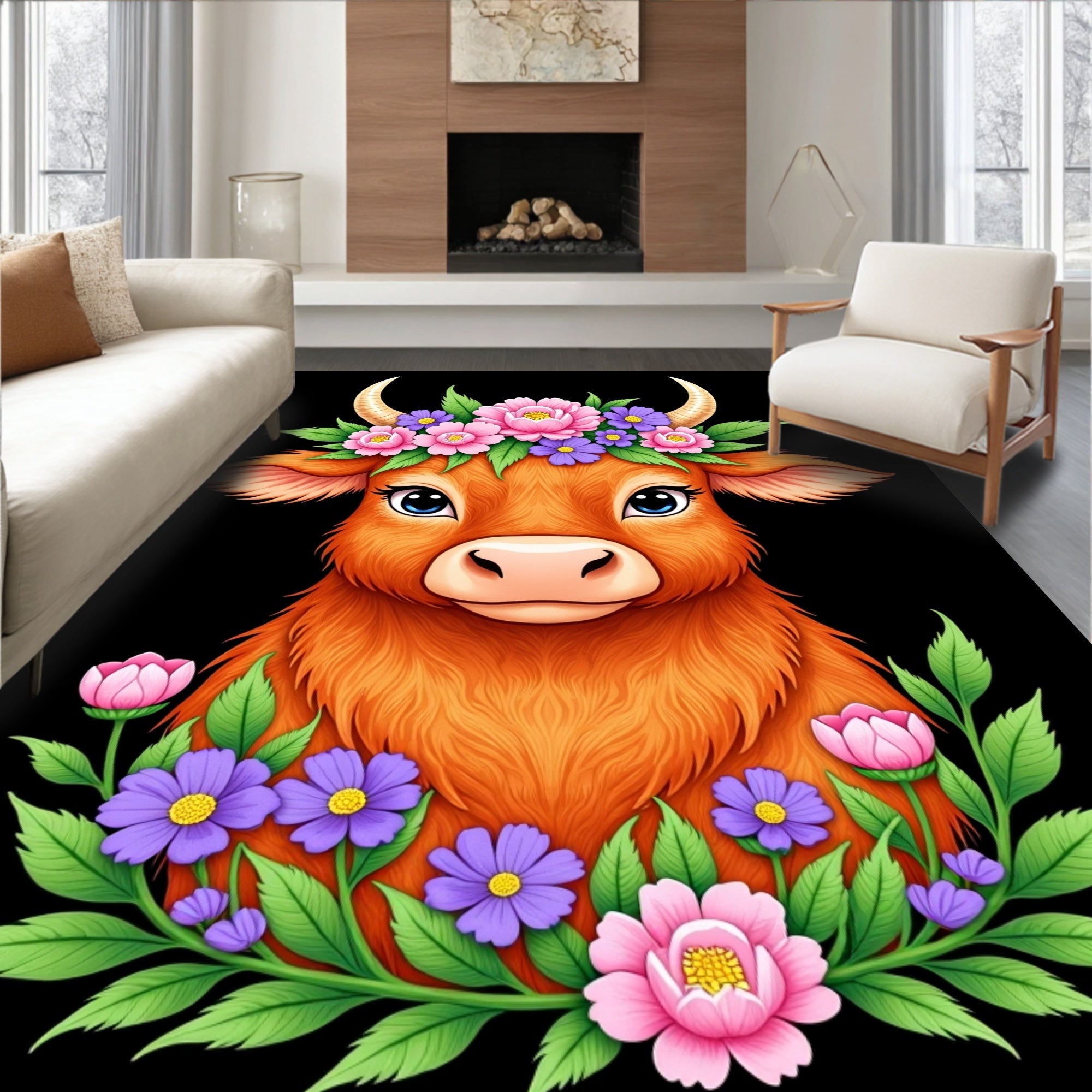 Whimsical Highland Cow Floral Wreath Rug