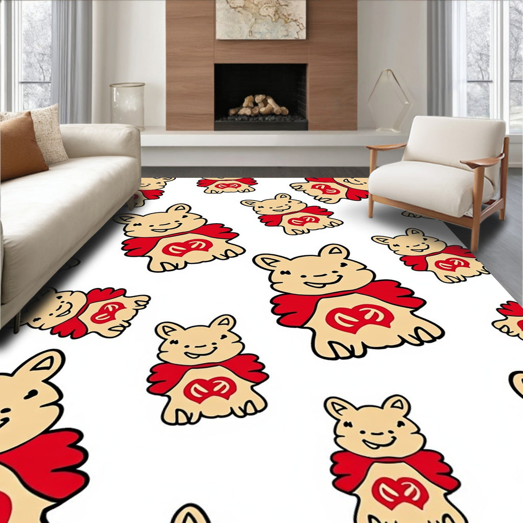 Cute Beige Bear Red Heart Motif Rug