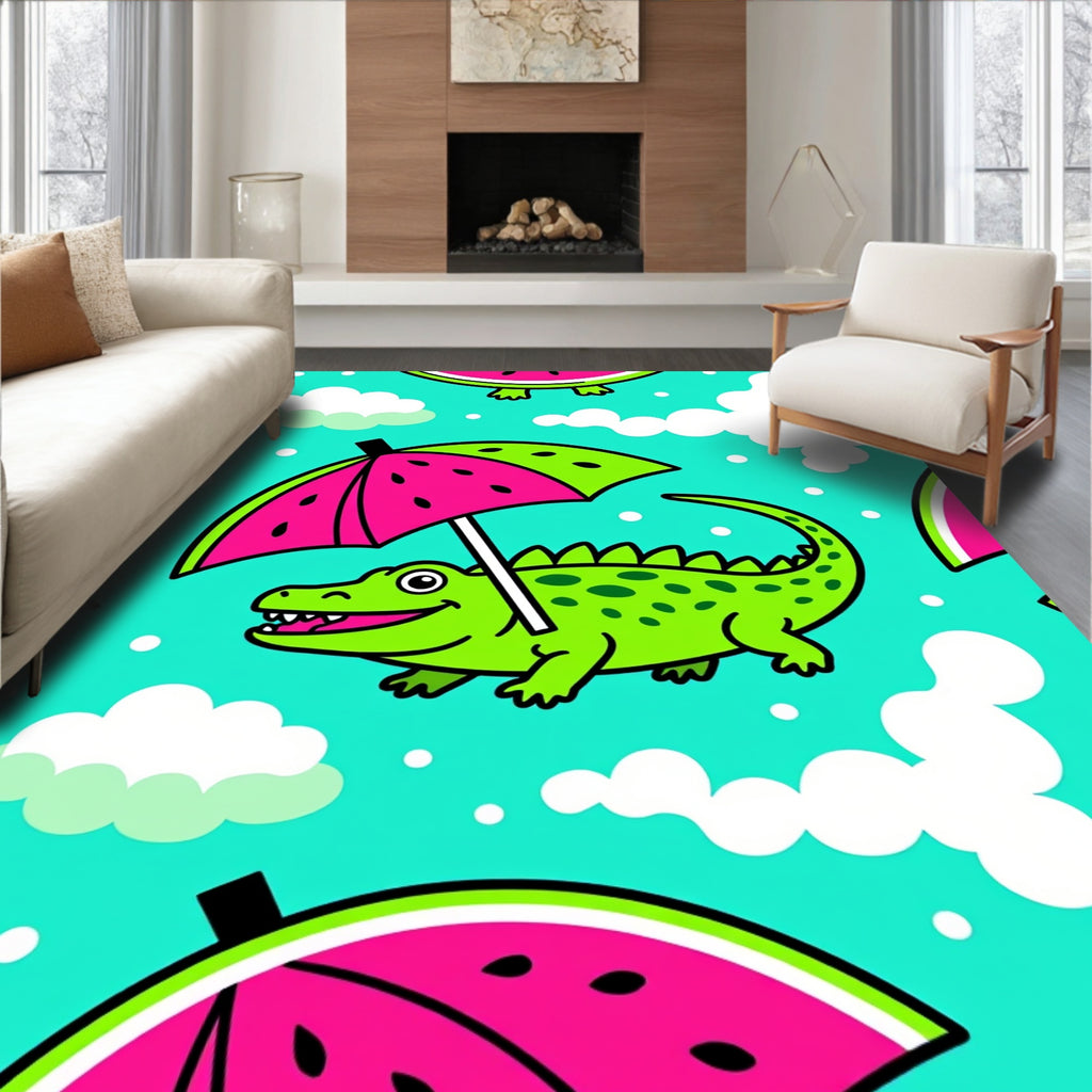 Happy Green Alligator Under Watermelon Umbrella Rug