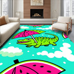 Happy Green Alligator Under Watermelon Umbrella Rug