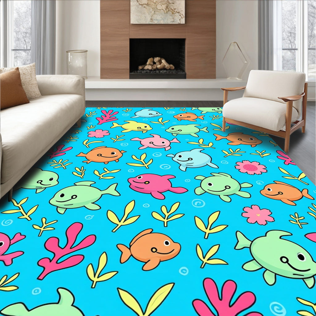 Playful Dolphins and Fish Underwater Scene Rug