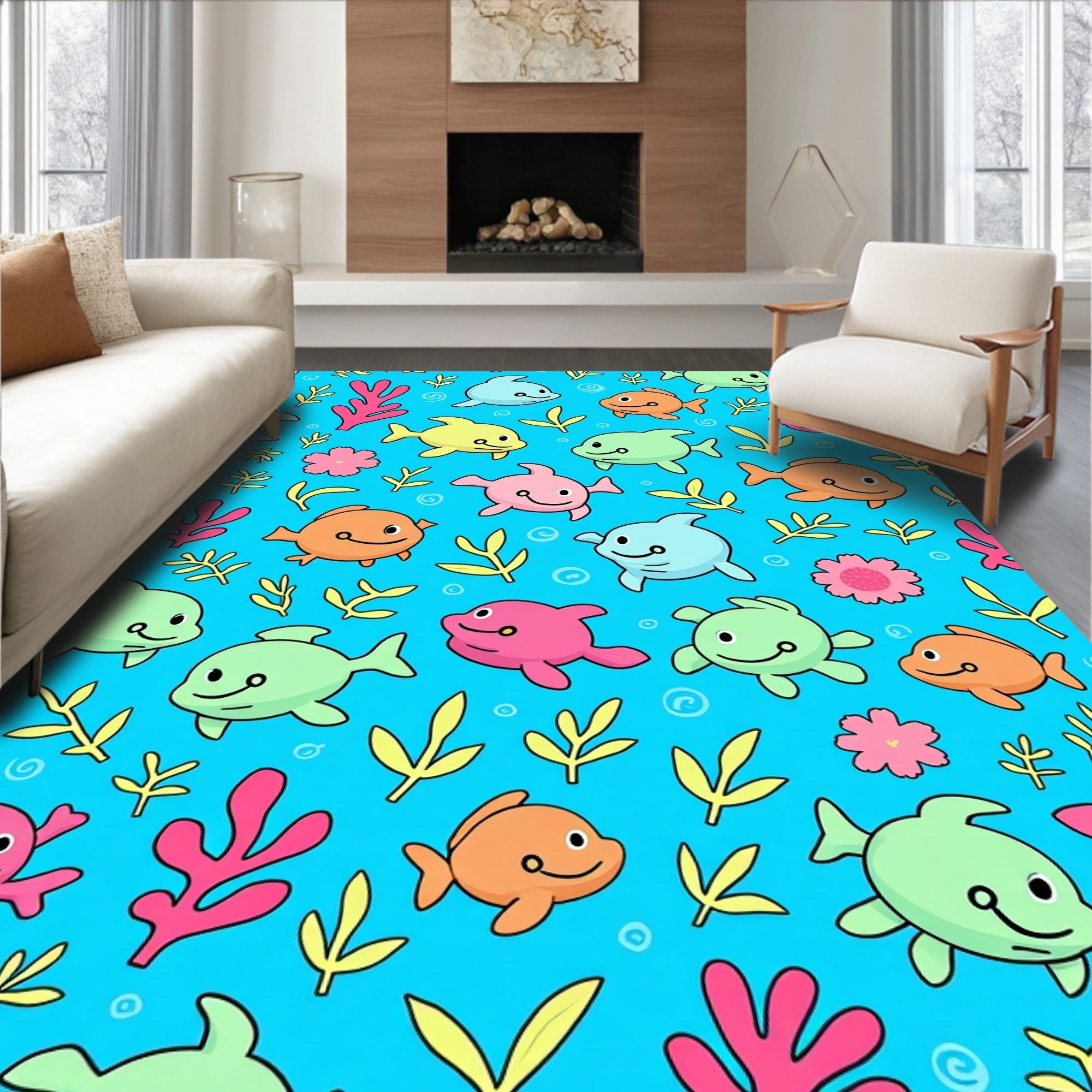 Playful Dolphins and Fish Underwater Scene Rug