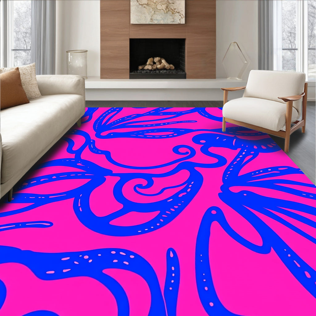 Vibrant Blue Abstract Swirls Pink Rug