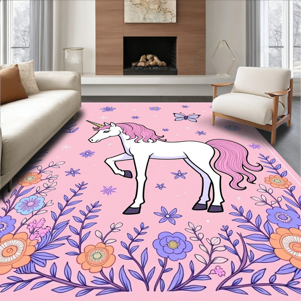 Pink Unicorn Garden With Butterflies Rug